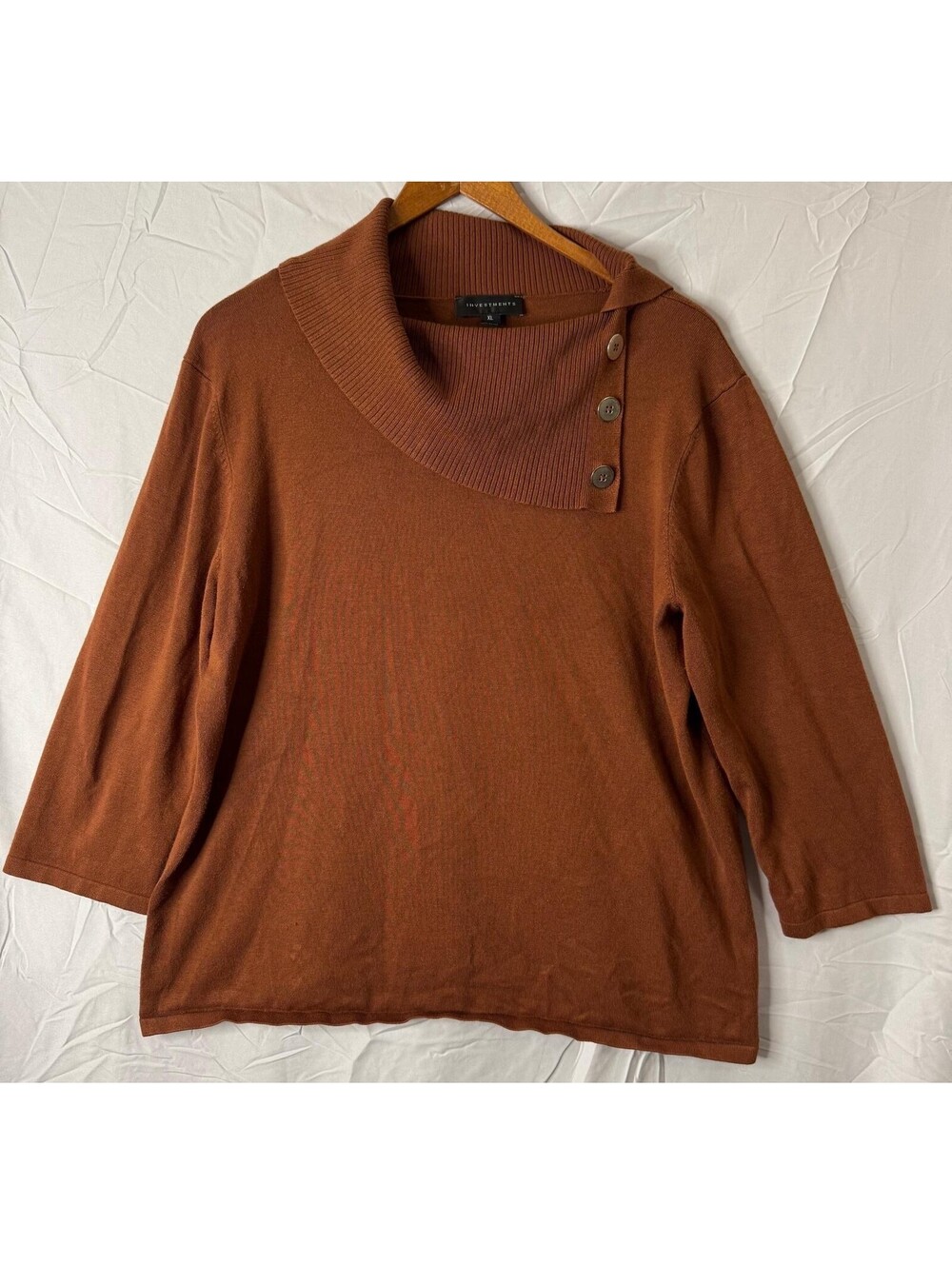 Investments Sweater Top Womens XL Brown Cowl Neck Button 3/4 Sleeve